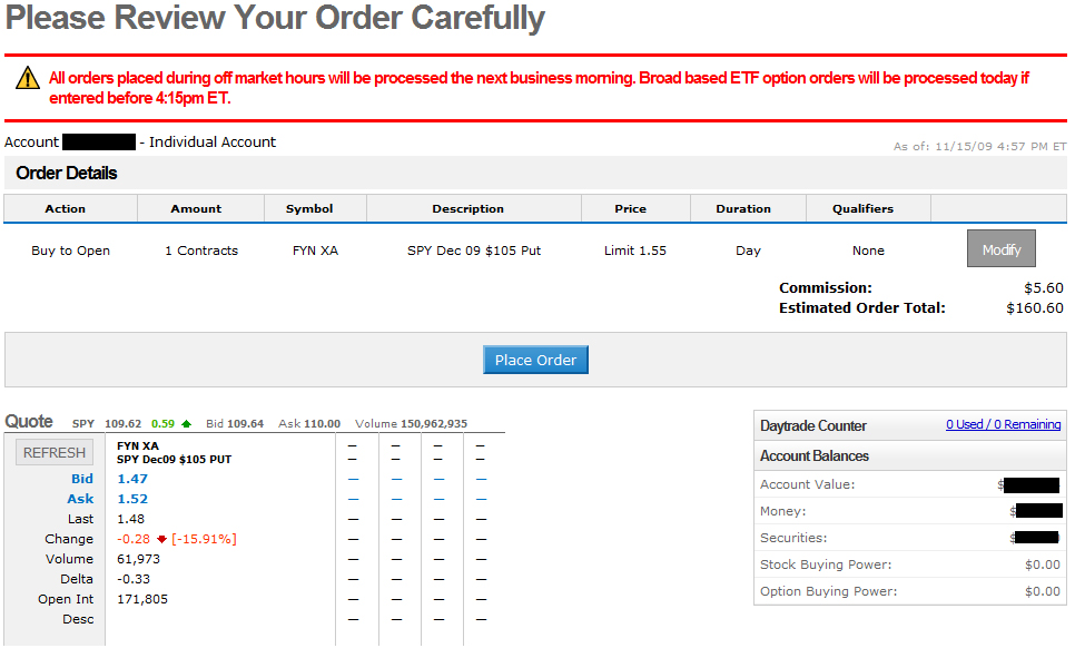tradeking options trading order preview screen